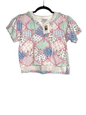 NWT Vintage Guess Deadstock Girls Patchwork Short Sleeve Hooded Top XL
